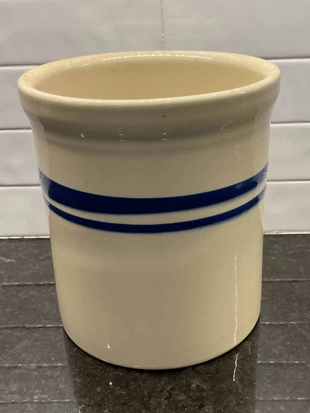 Pottery Crock Blue Stripe 2 Quart Utensil Holder